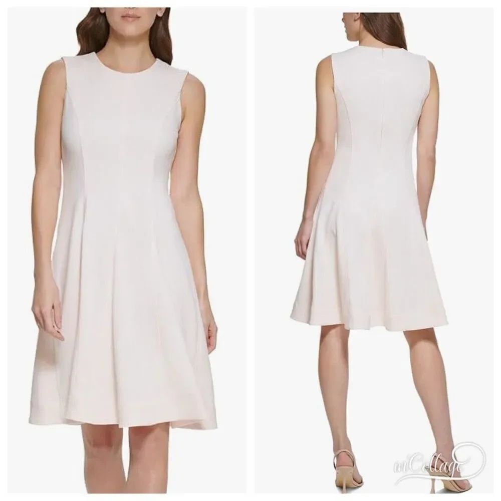 Calvin Klein NWT$134 Knit Flounce Fit N Flare Dress Pleated Light Academia Blush